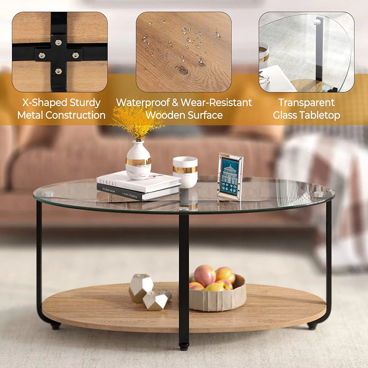 Oval 2 Tier Glass Coffee Table with Wooden Shelf V263