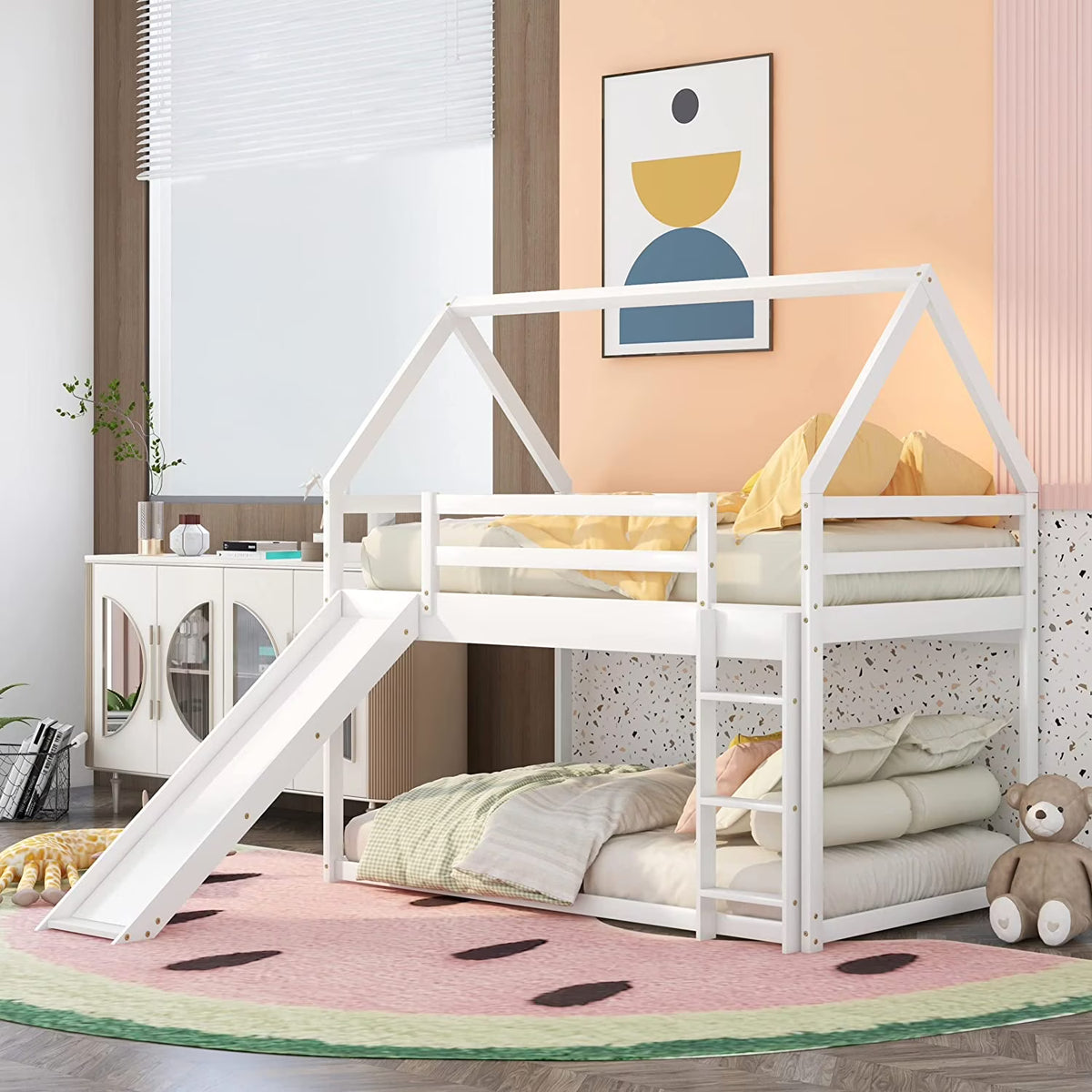 White Wood Buk Bed With Slide D365033