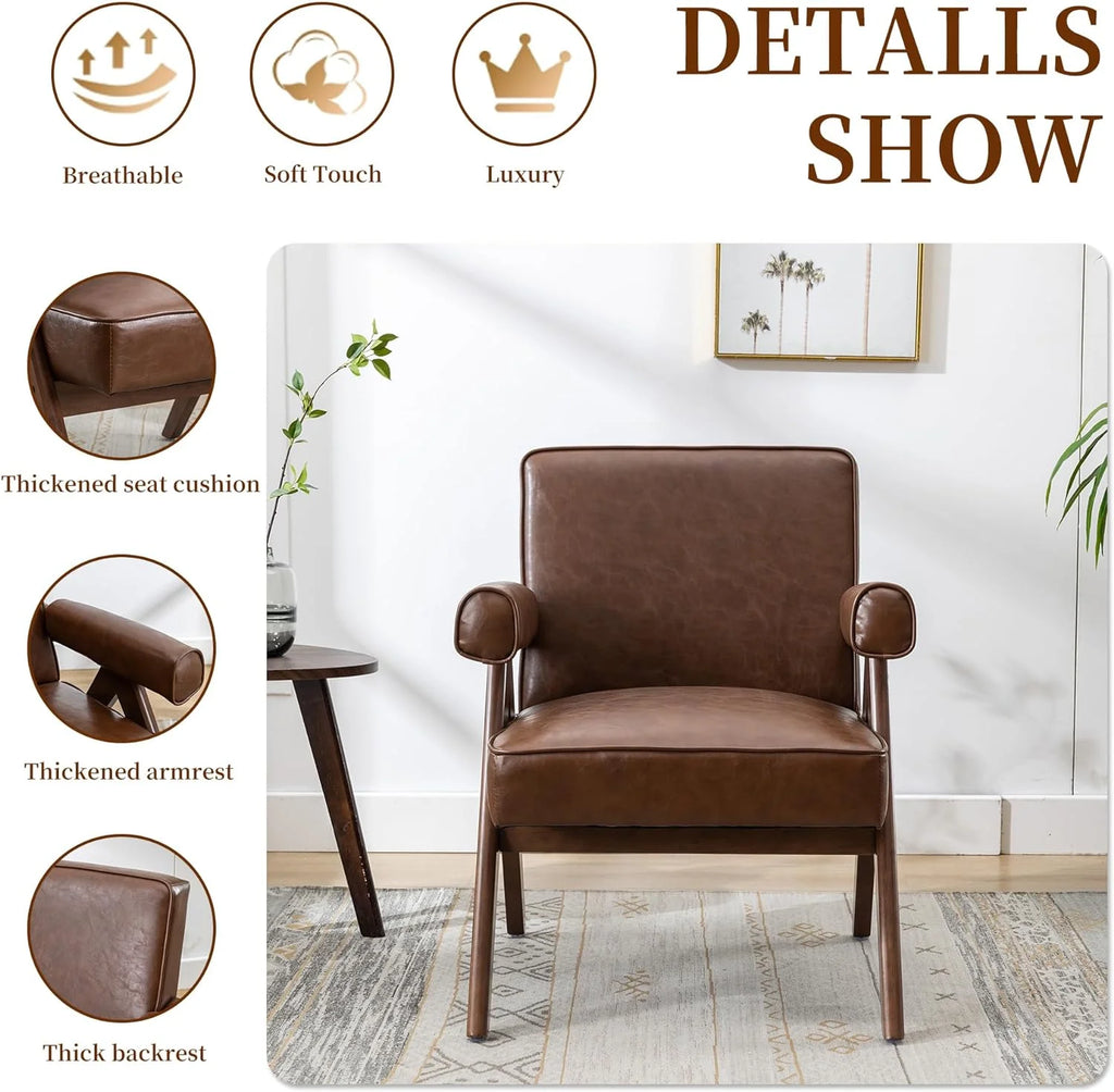 Brown PU Leather Accent Chair with Wood Armrest G1599