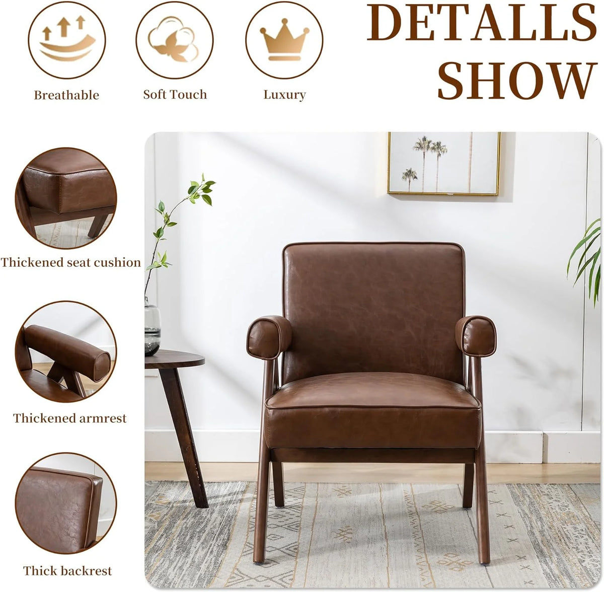 Brown PU Leather Accent Chair with Wood Armrest G1599