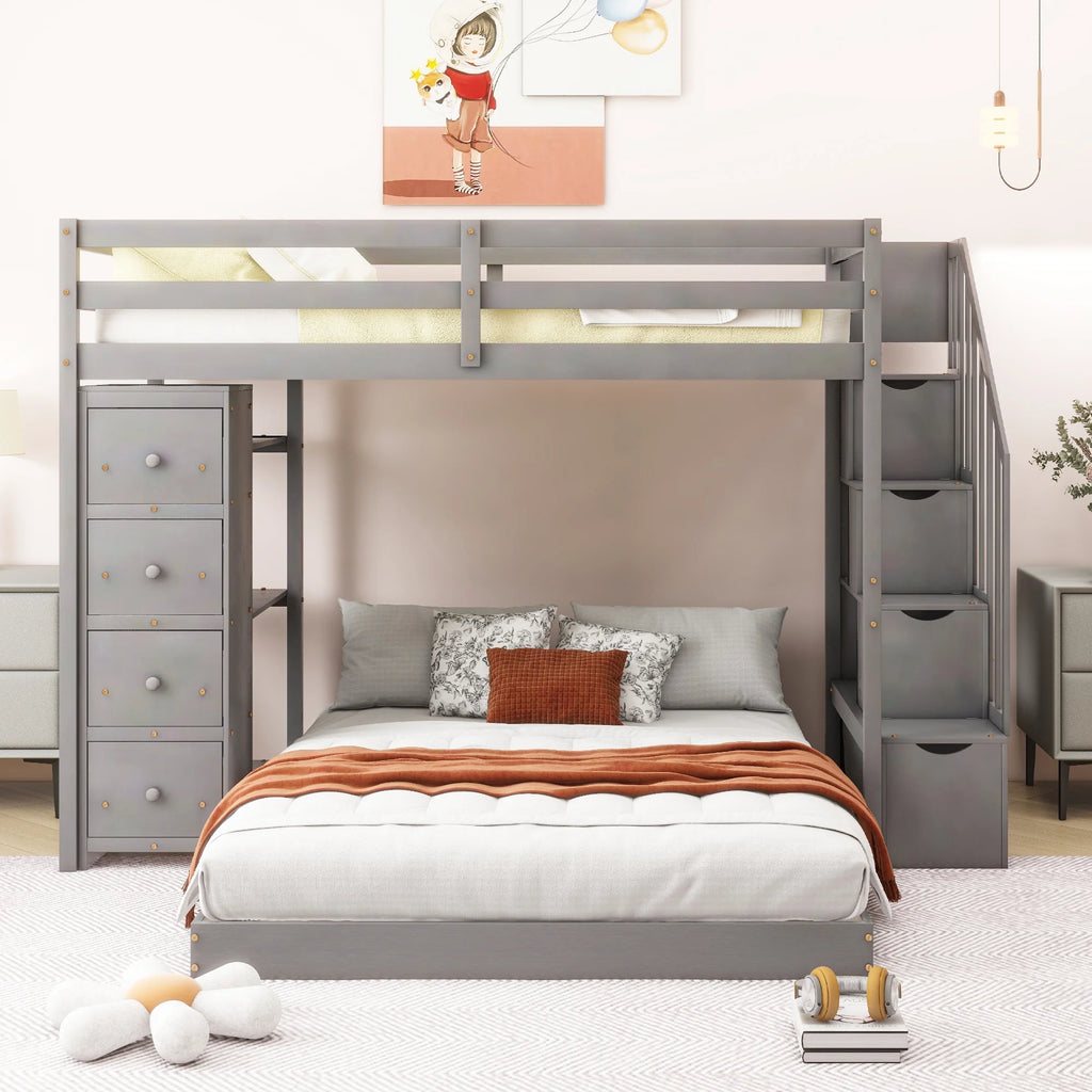 Twin Over Full Bunk Bed with Shelves, Drawers and Storage Stairs U57694