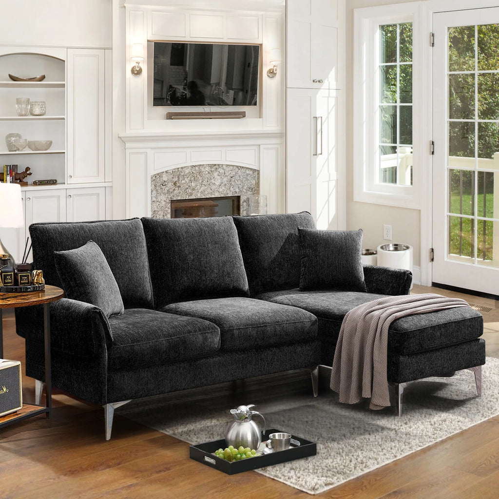 84" L-Shaped Black Sofa with Reversible Chaise K939