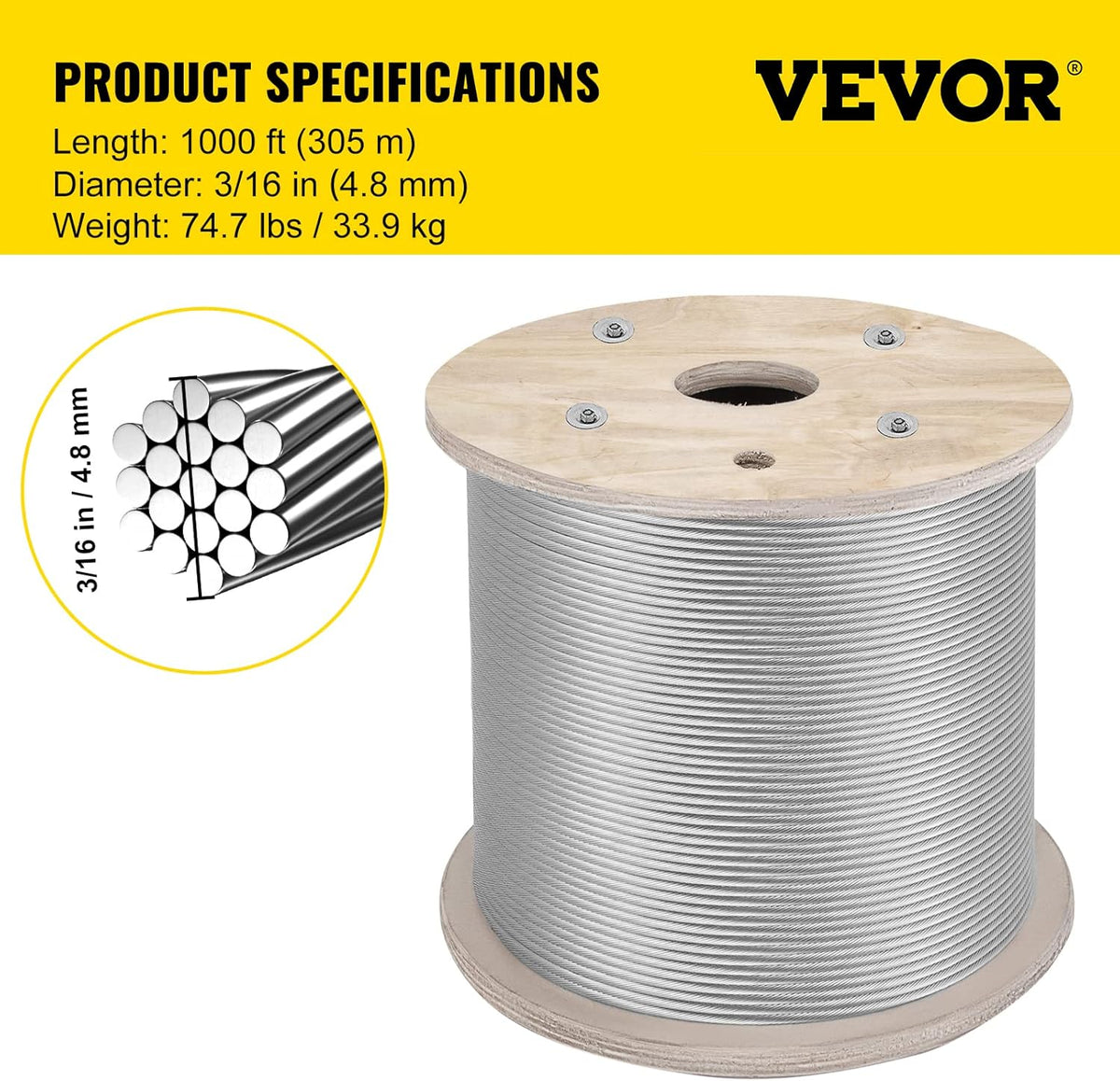 Stainless Steel Cable Railing 3/16 x 1000ft, 316 Marine Grade Braided Aircraft Cable 1x19 Strands Q475