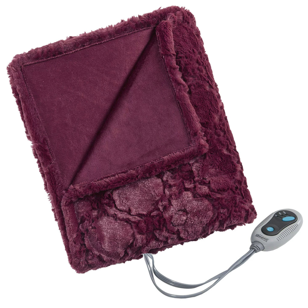 Burgundy Oversized Faux Fur Heated Blanket W80350
