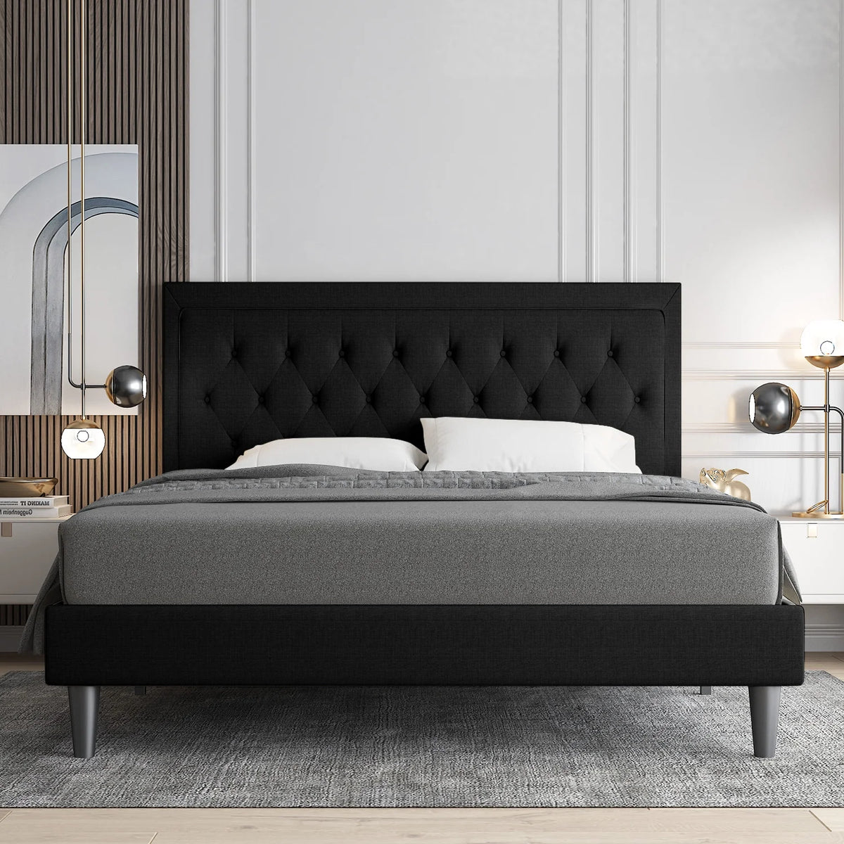 Queen Size Upholstered Platform Bed with Adjustable Headboard O693838