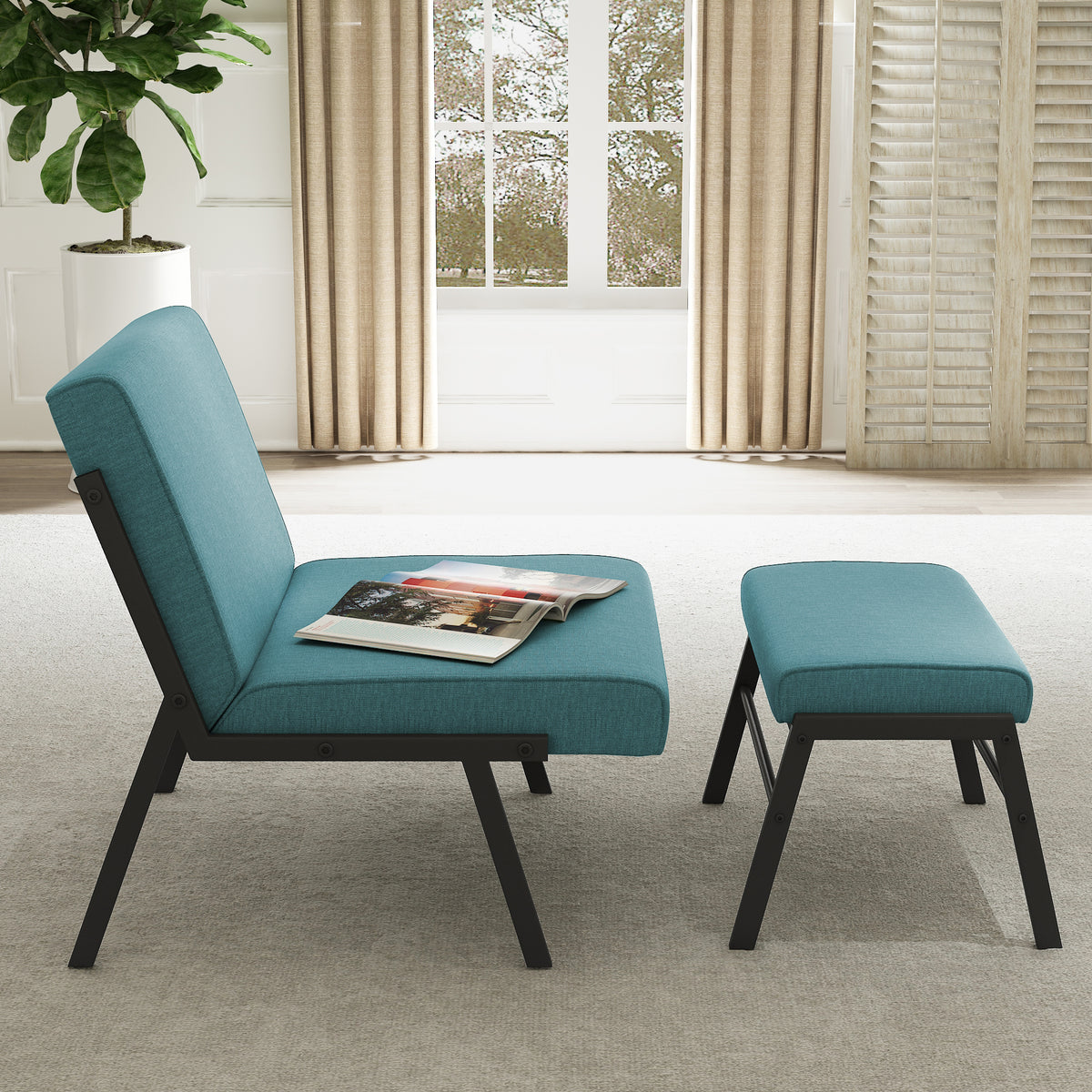Green Linen Fabric Accent Chair with Ottoman Set V2843