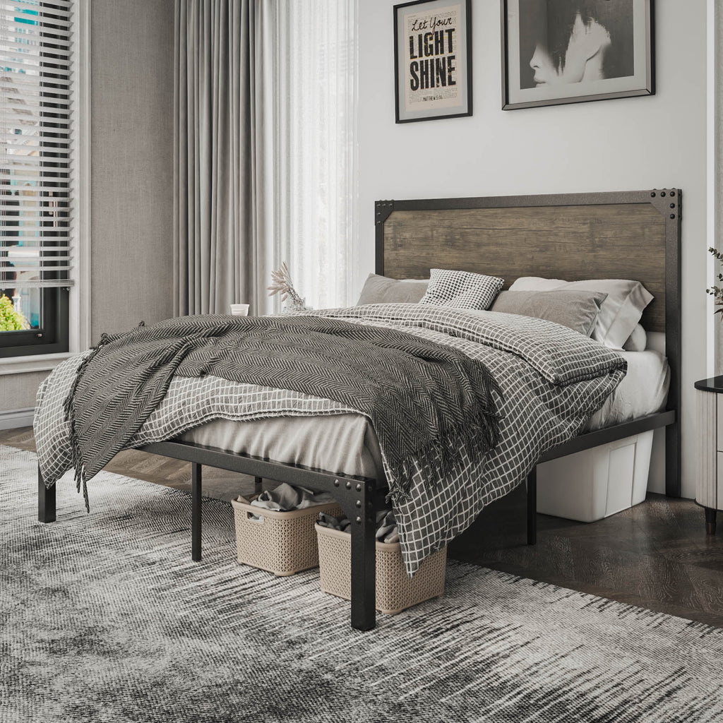 Queen Size Brown Metal Platform Bed Frame with Wooden Headboard M7191