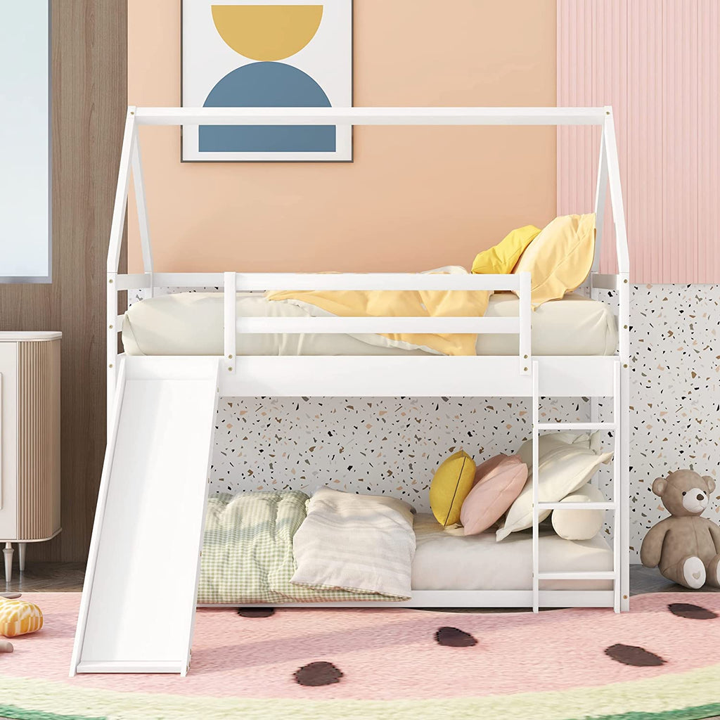 White Wood Buk Bed With Slide D365033