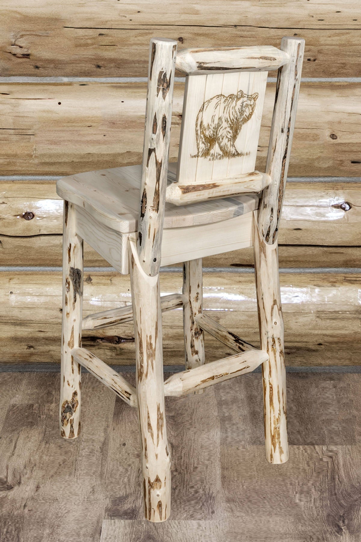 Clear Lacquer Counter Height Barstool with Laser Engraved Bear Design C9917