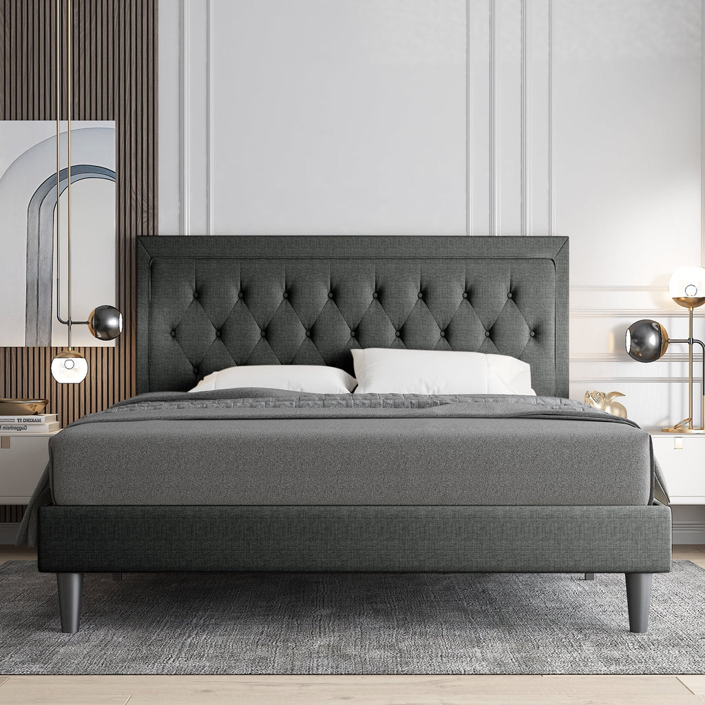 Queen Size Upholstered Platform Bed with Adjustable Headboard O693838