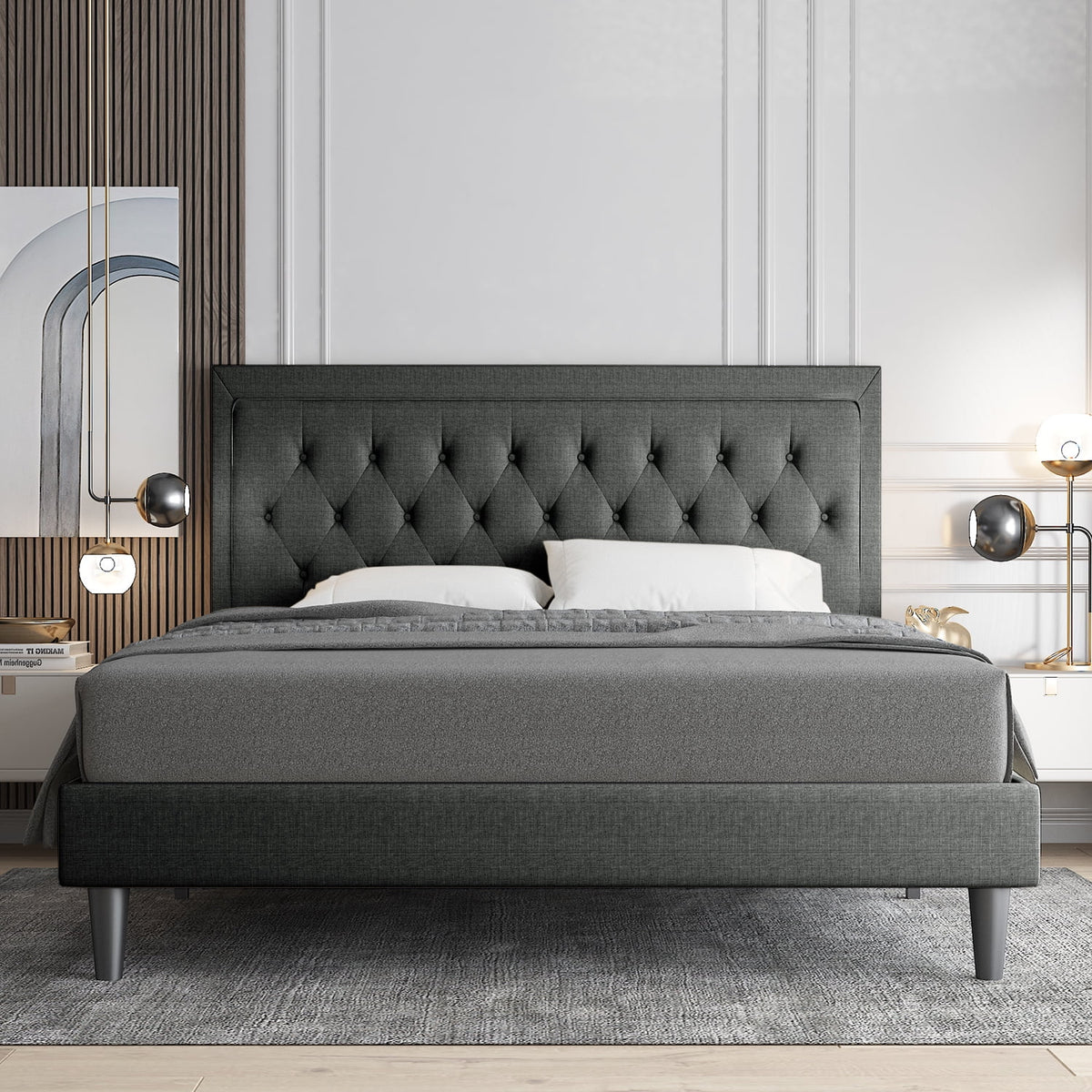 Queen Size Upholstered Platform Bed with Adjustable Headboard O693838