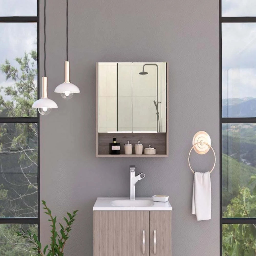 Medicine Cabinet with Mirror, Three Internal Shelves, Light Gray Finish O411