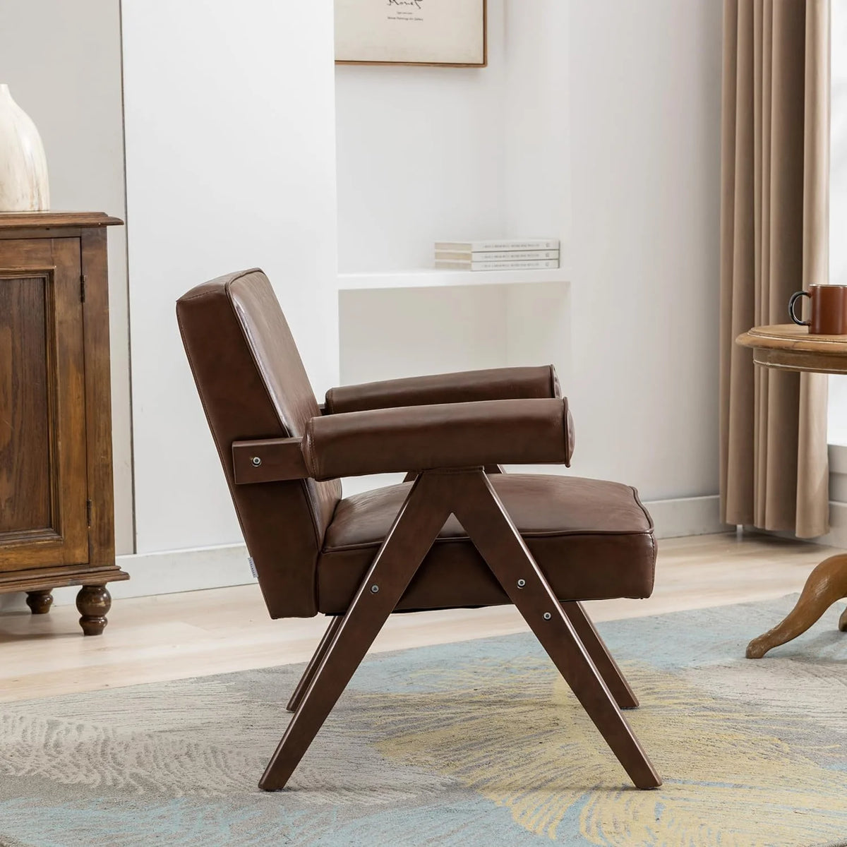 Brown PU Leather Accent Chair with Wood Armrest G1599