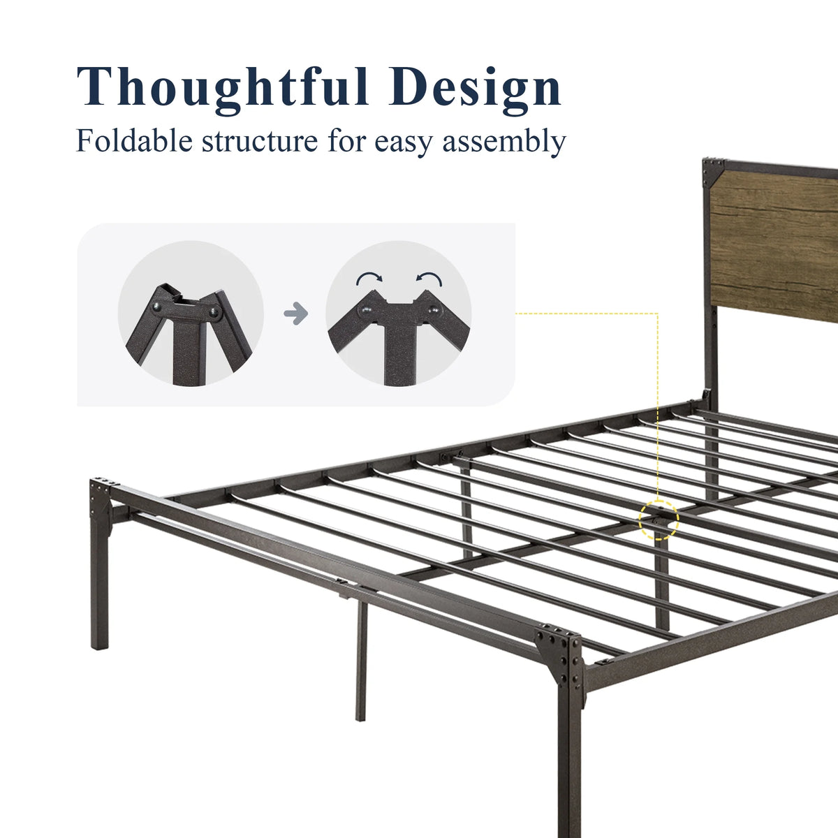 Queen Size Brown Metal Platform Bed Frame with Wooden Headboard M7191