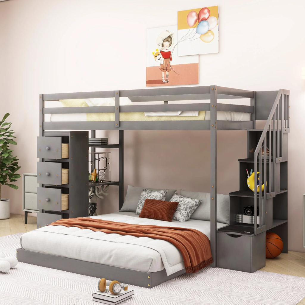 Twin Over Full Bunk Bed with Shelves, Drawers and Storage Stairs U57694