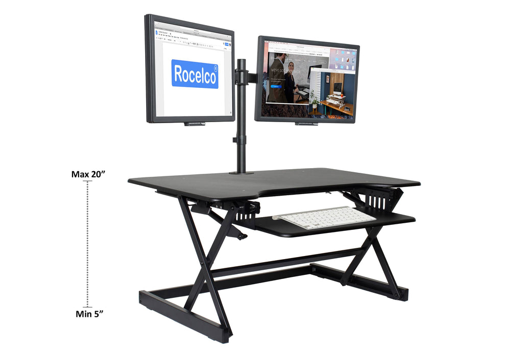 Black Height-Adjustable Standing Desk Converter with Dual Monitor Mount W1280