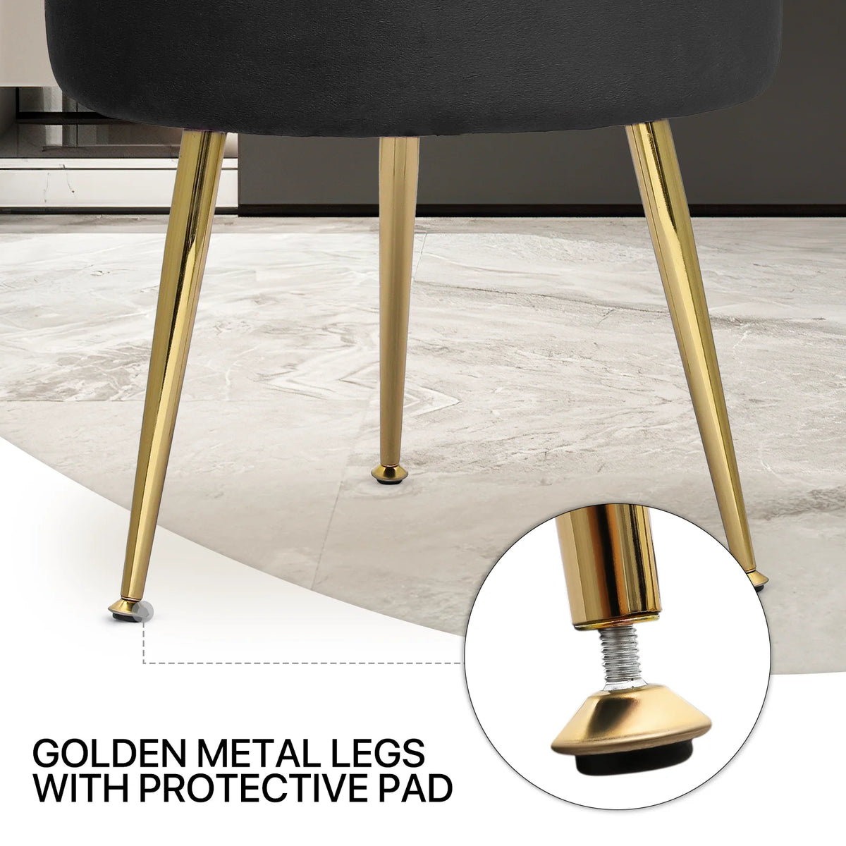 Black Velvet Round Ottoman with Metal Legs L903