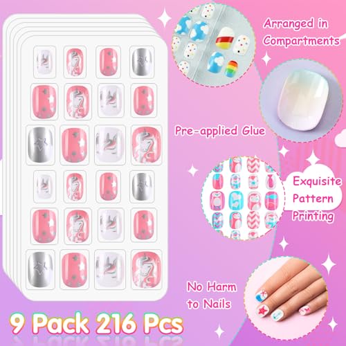 Christmas Kids Press on Nails 216Pcs 9 Pack Short Full Cover False Nail Tips G361