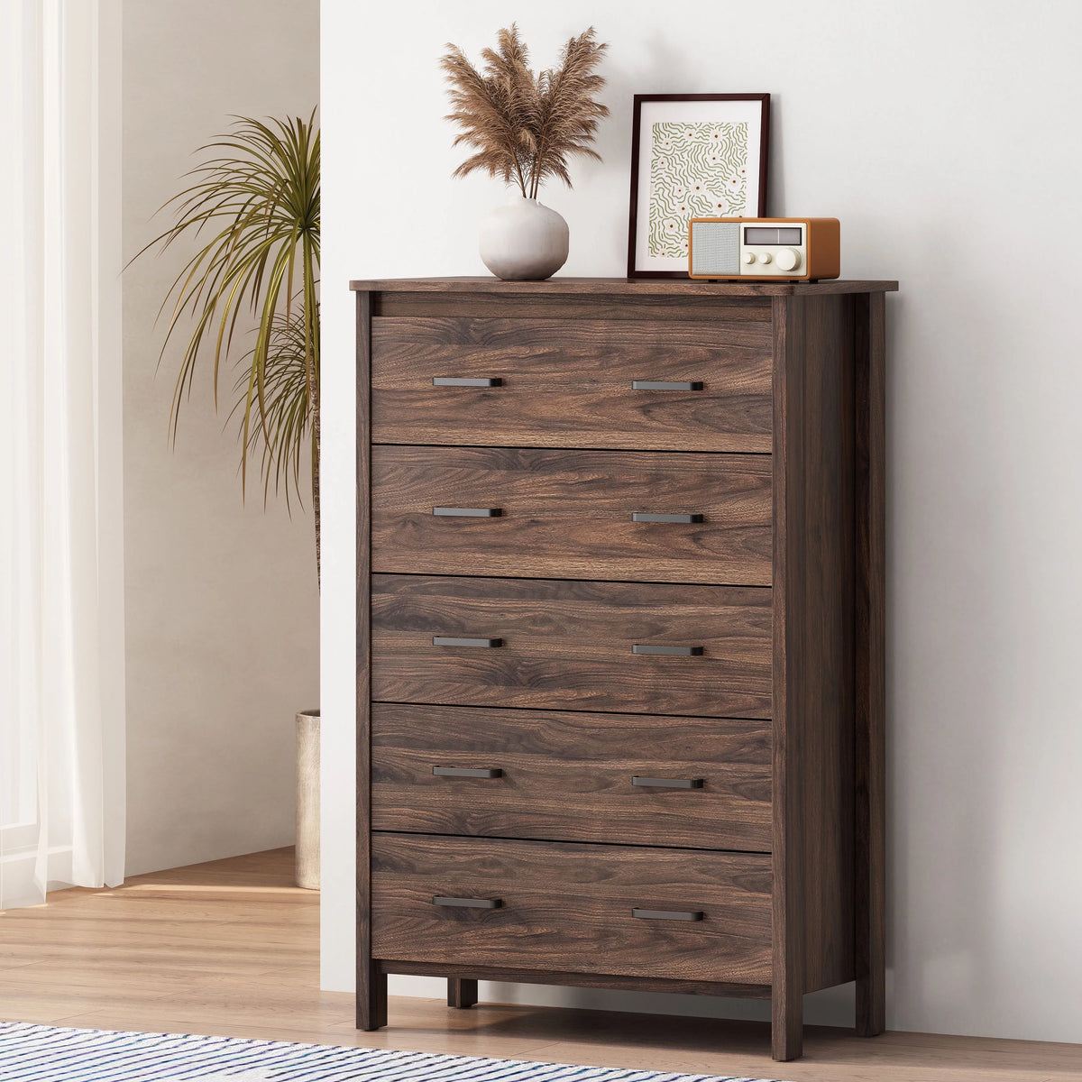 Medium Brown 5 Drawer Faux Wood Dresser C18736