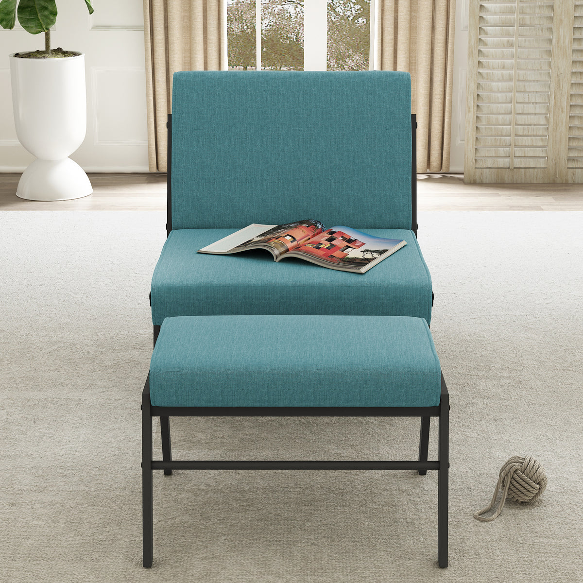 Green Linen Fabric Accent Chair with Ottoman Set V2843