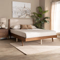 Beige Fabric Upholstered Walnut Brown Wood Queen Size Platform Bed L6247