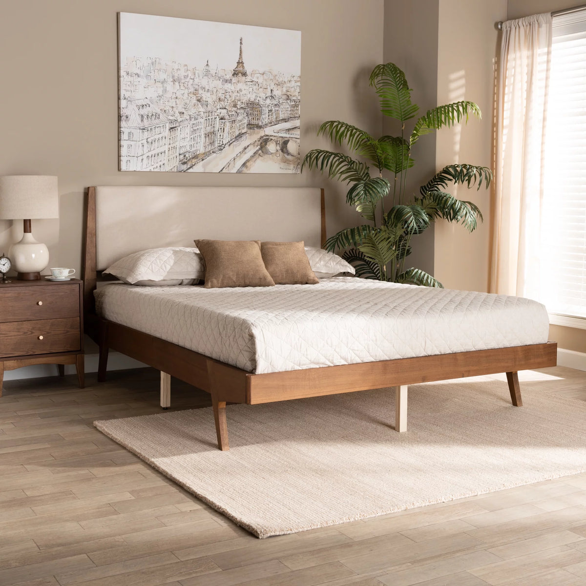 Beige Fabric Upholstered Walnut Brown Wood Queen Size Platform Bed L6247