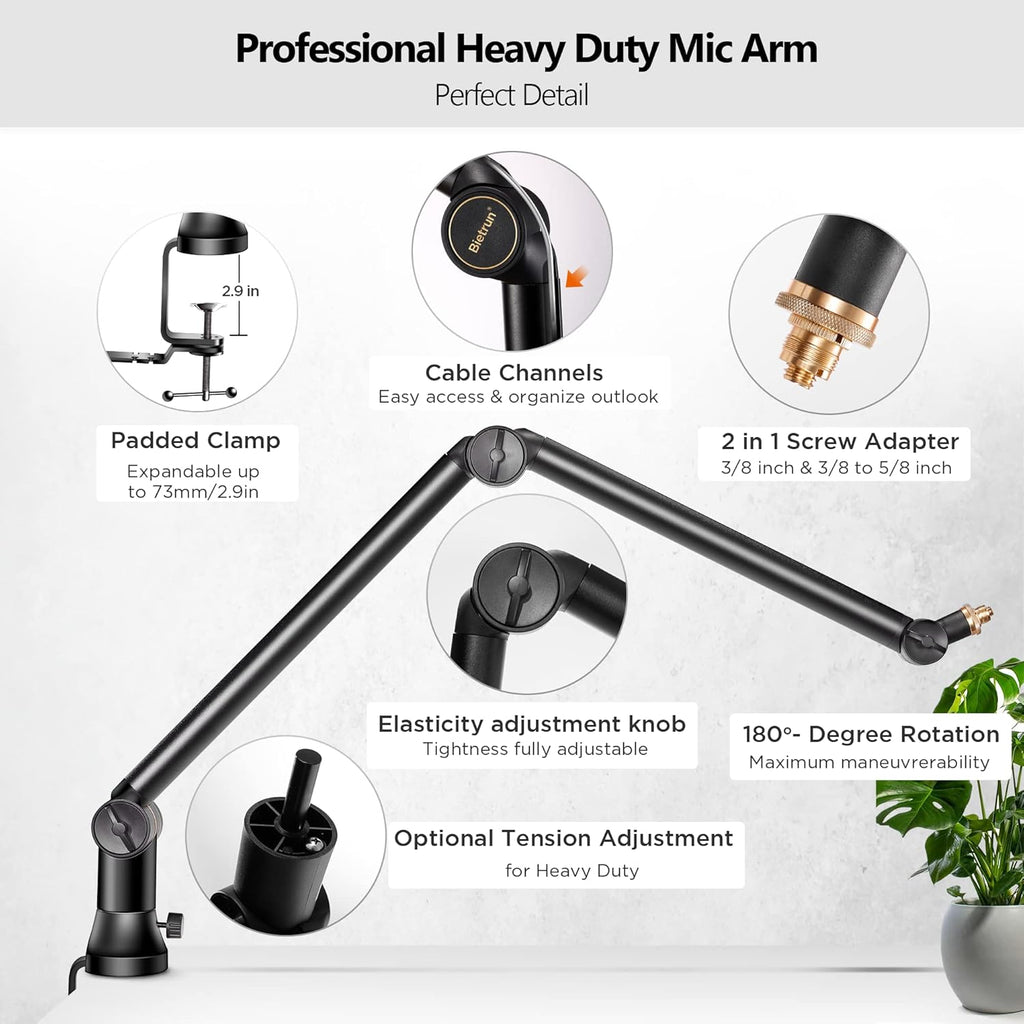Mic Boom Arm with 3/8 to 5/8 Adapter, Heavy Duty Metal Desk Mount Stand with Hidden Cable Design Q661