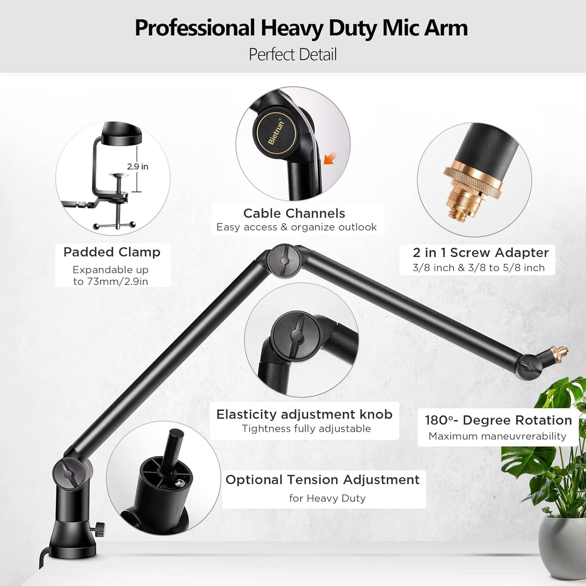 Mic Boom Arm with 3/8 to 5/8 Adapter, Heavy Duty Metal Desk Mount Stand with Hidden Cable Design Q661