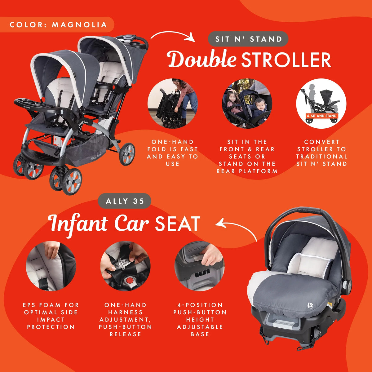 Magnolia Double Baby Stroller and Single Car Seat P490108