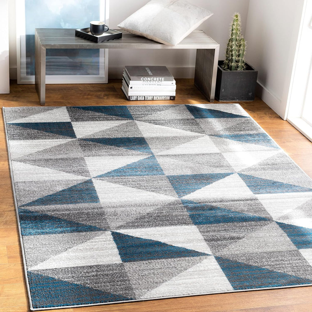 Sky Blue Navy Grey White Square Area Rug X825662