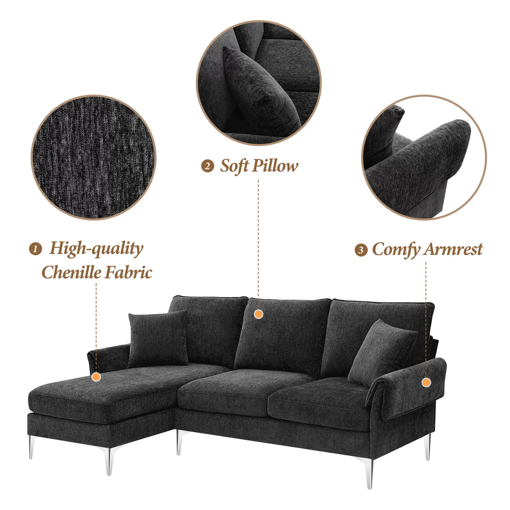 84" L-Shaped Black Sofa with Reversible Chaise K939