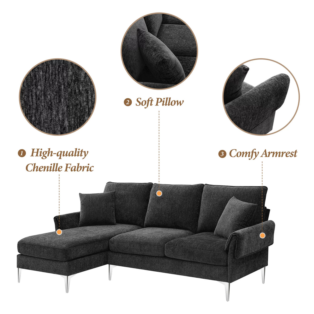 84" L-Shaped Black Sofa with Reversible Chaise K939