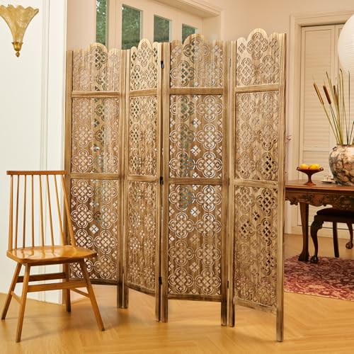 68.9 Inch 4 Panels Wood Carved Folding Room Divider D93814