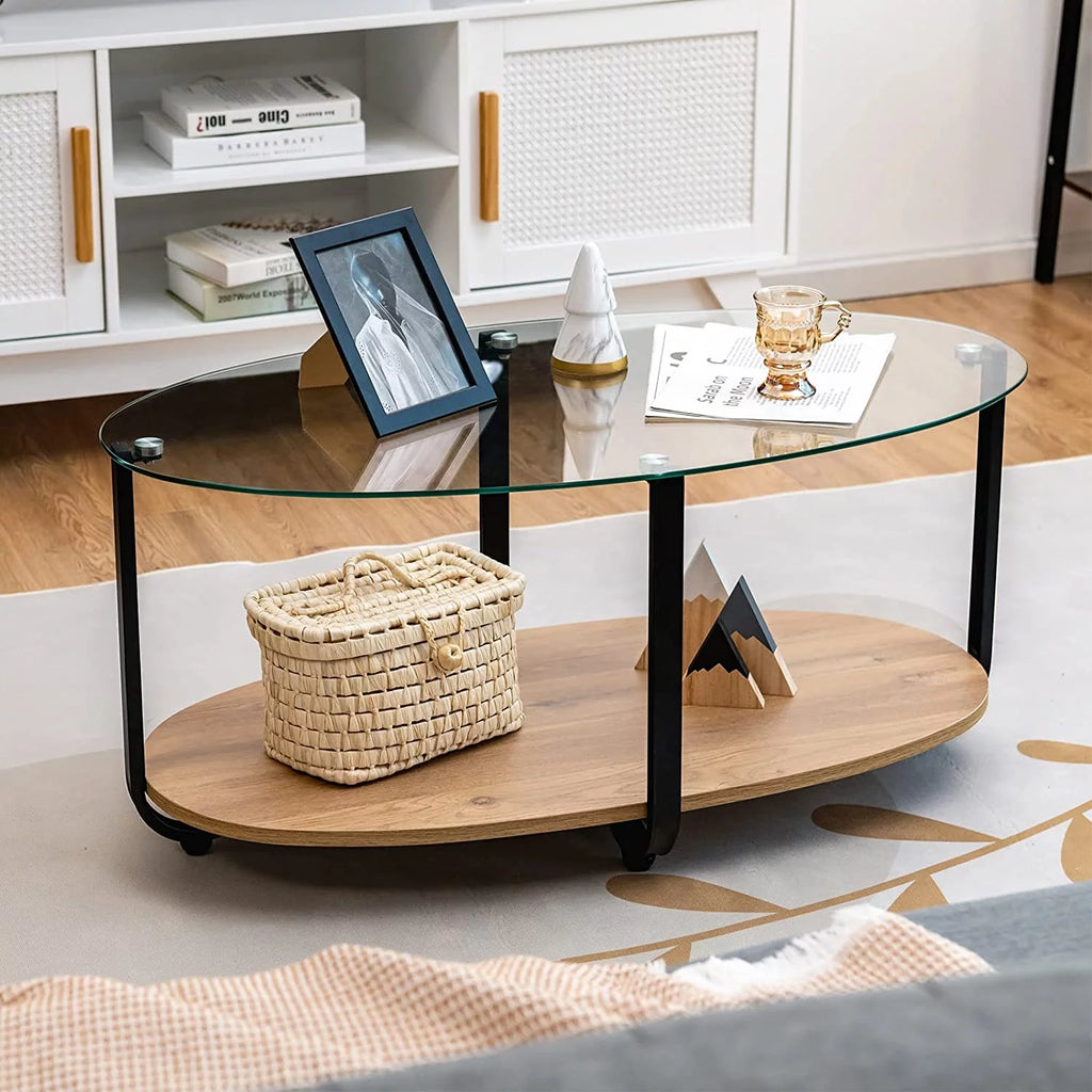 Oval 2 Tier Glass Coffee Table with Wooden Shelf V263