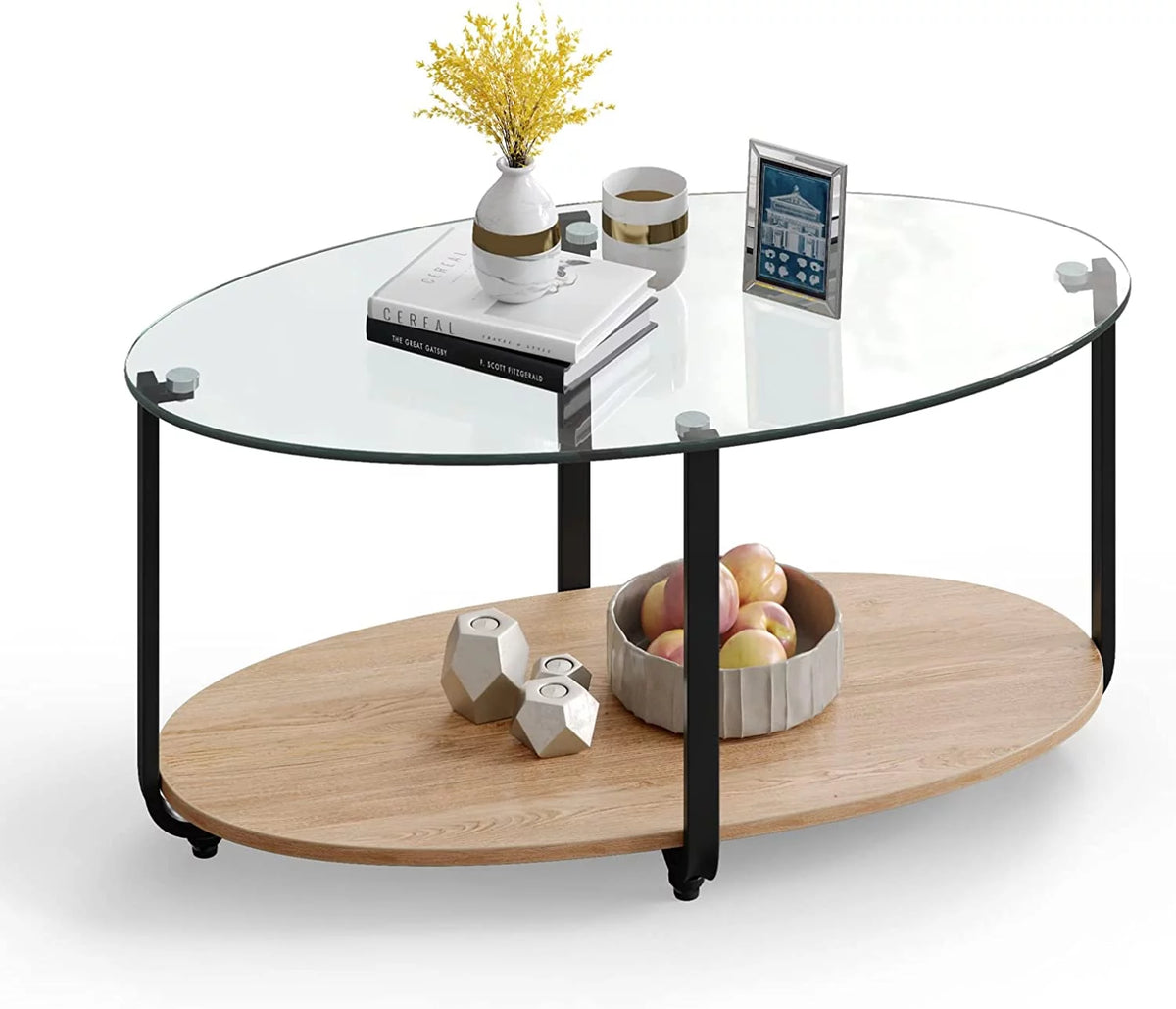 Oval 2 Tier Glass Coffee Table with Wooden Shelf V263
