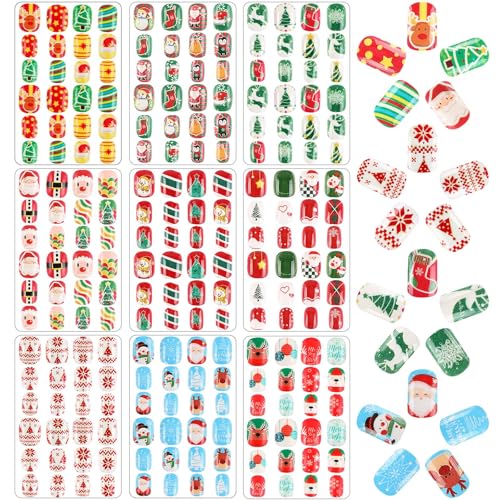 Christmas Kids Press on Nails 216Pcs 9 Pack Short Full Cover False Nail Tips G361