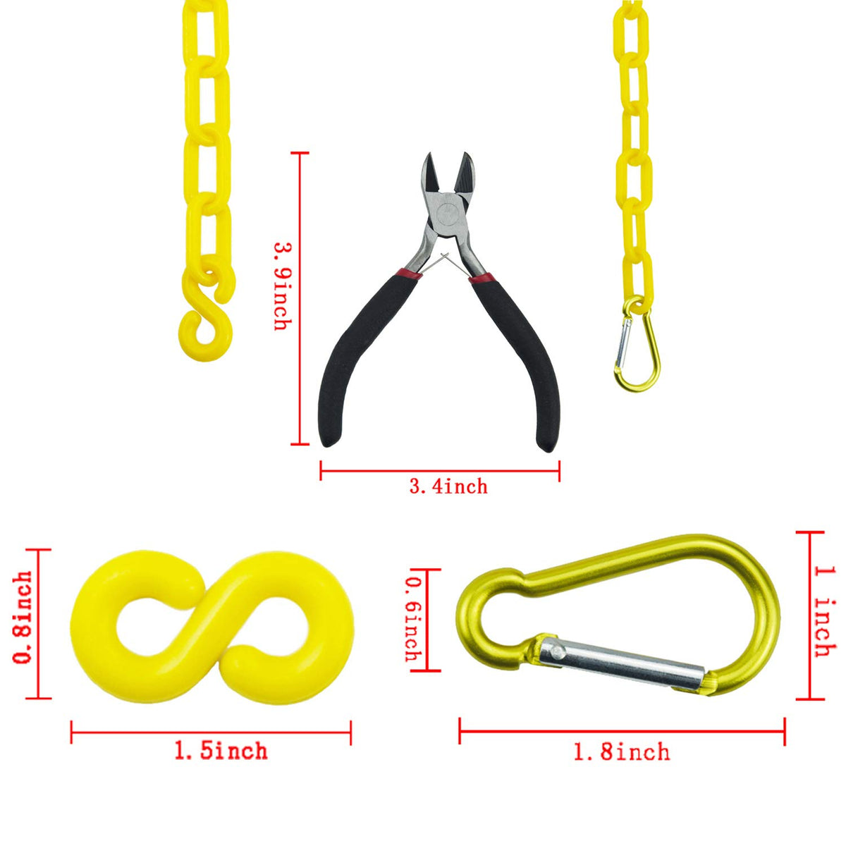 Yellow Plastic Safety Barrier Chain with 12 S-Hooks, 12 Carabiner Clips, 2 Chain Connector O33876
