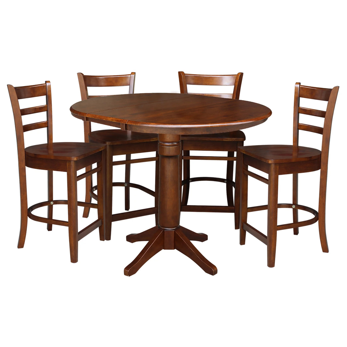 Espresso Round Solid Wood Extension Dining Table with 4 Counter Height Stools P59152