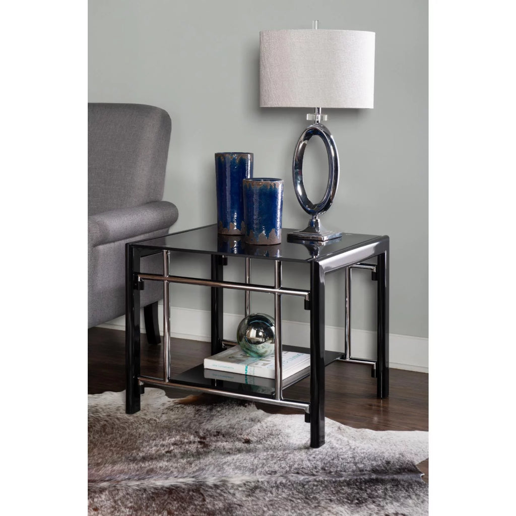 Black Glass and Metal End Table Set, 2 Pieces J404