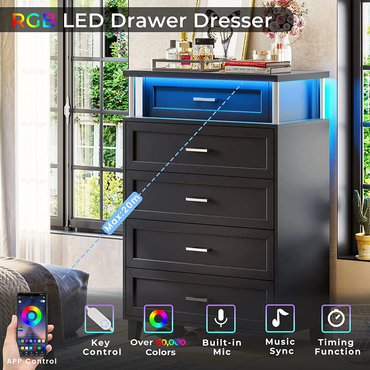 Black 5 Drawers Wood Dresser with LED Light X8411